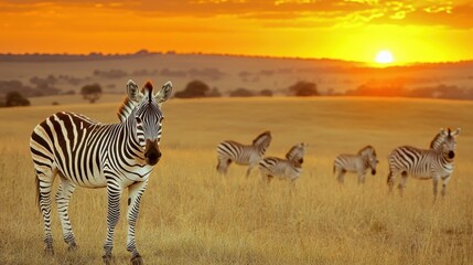 Zebras grazing in the african savanna at sunset