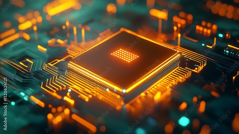 Leinwandbilder glowing orange and blue circuit board with central microchip on pcb surface : generative ai
