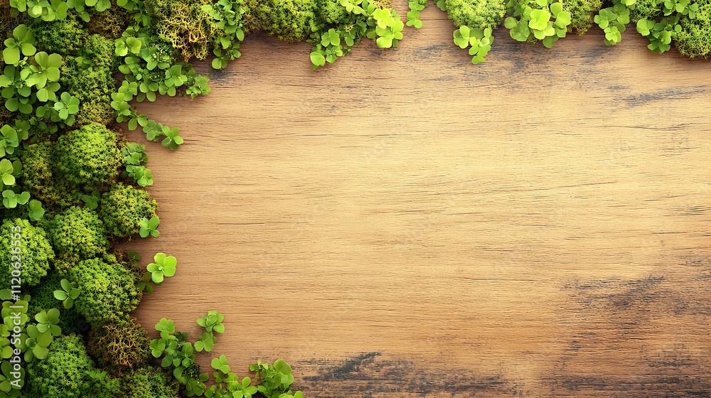 Poster nature inspired wooden background with lush green clover and moss border : generative ai
