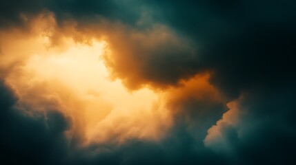 Dramatic Sky Capturing Golden Sunset Behind Dark Storm Clouds with Vivid Contrasting Light : Generative AI