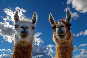 Obraz premium Two alpacas in front of a blue sky. South American camelid