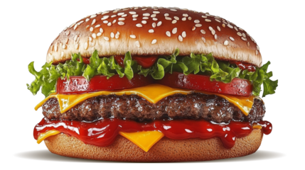 This delicious burger features a juicy beef patty topped with melted cheese, fresh lettuce, tomato slices, and ketchup, all nestled in a sesame seed bun. Perfect for a hearty meal.