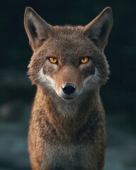 Fototapeta premium Gazing into the golden ember eyes of a male wolf in an animal portrait and wildlife sanctuary