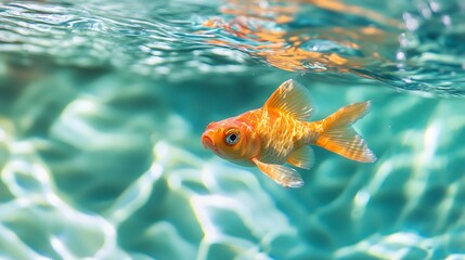 Naklejka premium Vibrant Goldfish Swimming Gracefully in Sunlit Clear Water : Generative AI