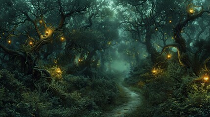 Enchanting Forest Path Illuminated by Hanging Lanterns at Dusk