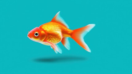 Obraz premium A vibrant goldfish swimming against a bright turquoise background.