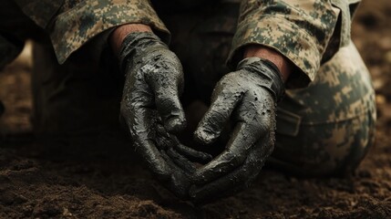 Soldier applying camouflage paint on his hands while kneeling on the ground generative ai