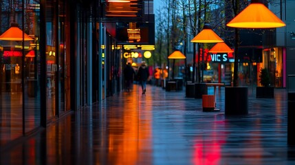 Fototapeta premium Wet city street at night with orange lights reflecting on the pavement.