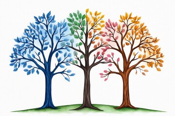 Obraz premium A soft watercolor painting of a tree in four stagesâ€”spring blossoms, summer leaves, autumn colors, and bare winter branches