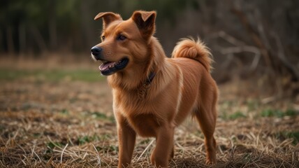 Naklejka premium Adorable reddish-brown dog standing outdoors in a field.