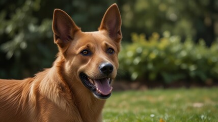 Happy red dog in a green park.