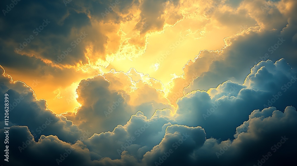 Poster golden sunbeams illuminating dramatic cloudscape at twilight : generative ai