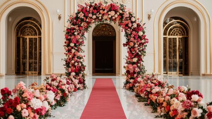 Fototapeta premium Wedding planning ceremony theme. Grand floral archway with red carpet in elegant indoor setting.