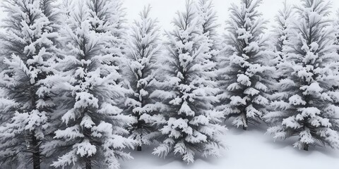 Fototapeta premium Snow-covered fir trees with snowflakes falling gently around them, creating a peaceful and magical Christmas scene, holiday, festive
