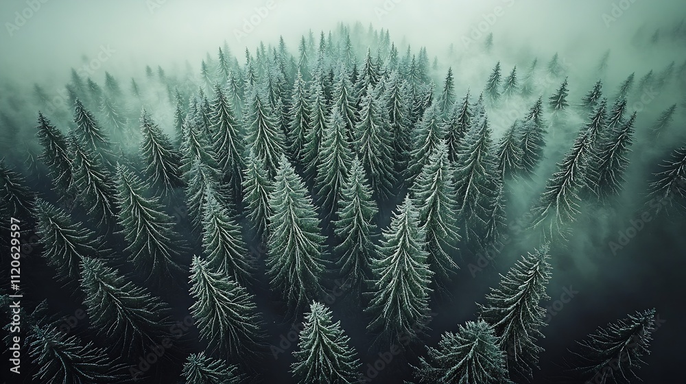Aufkleber Mysterious FogLaden Evergreen Forest with Towering Trees and Atmospheric Depth : Generative AI