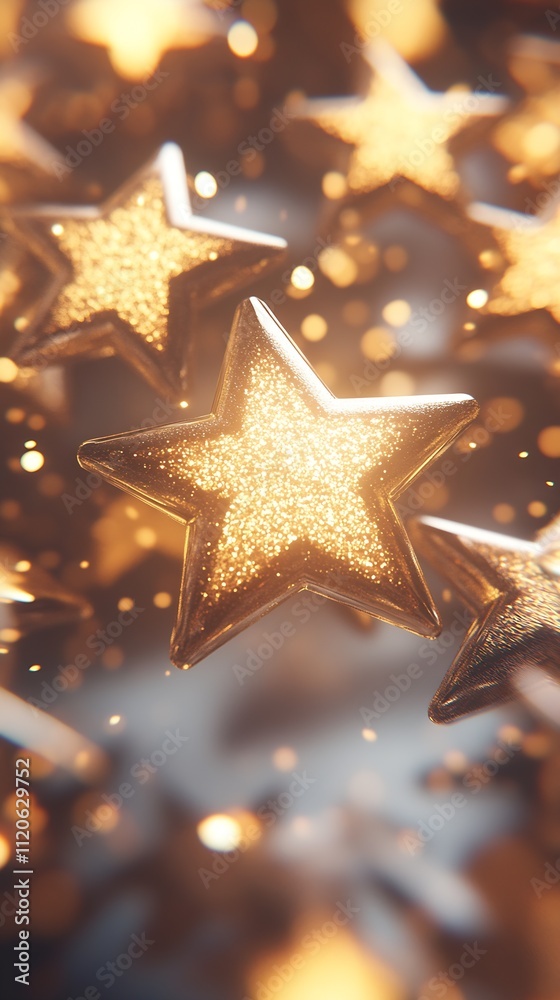 Poster cluster of shimmering gold stars in soft focus for festive decor : generative ai