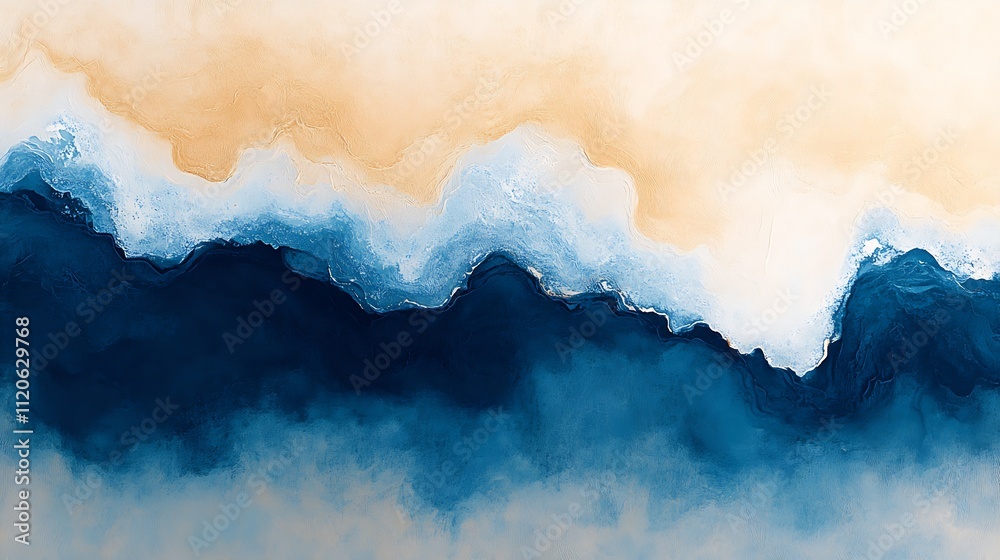 Aufkleber modern abstract blue and white textured painting with ocean wave patterns : generative ai