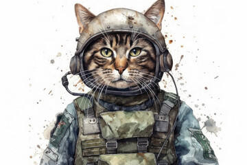 watercolor portrait of a cat in military equipment. The cat is dressed in a camouflage body armor and a metal helmet with a communication headset.  