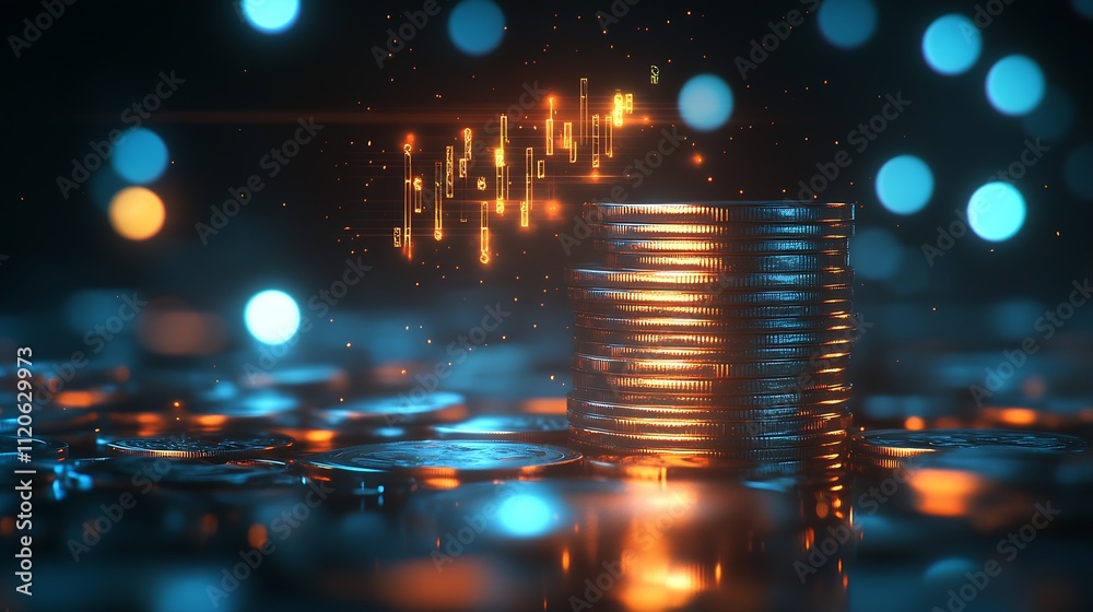 Aufkleber tall stack of coins with rising financial graph in digital blue orange background : generative ai