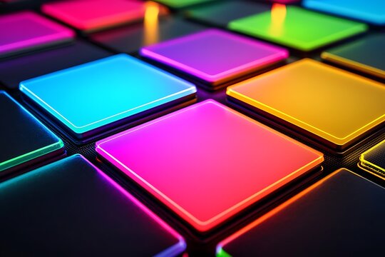 Glowing neon squares rotating with digital glitch effects on black surface