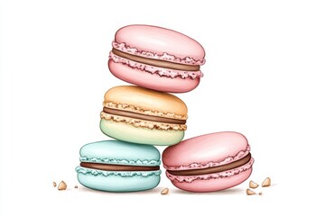 Fototapeta premium A whimsical 2D drawing of a stack of macarons in pastel tones, illustrated with soft, playful details on a white canvas