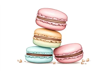 A whimsical 2D drawing of a stack of macarons in pastel tones, illustrated with soft, playful details on a white canvas