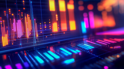 Vibrant digital sound waves with colorful light reflections