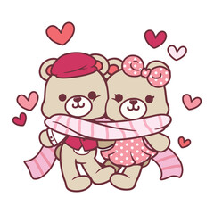 Illustration of A bear couple lover cartoon, both wearing the same pink scarf on Valentine's day theme. ideas for icons, labels, or digital decoration.