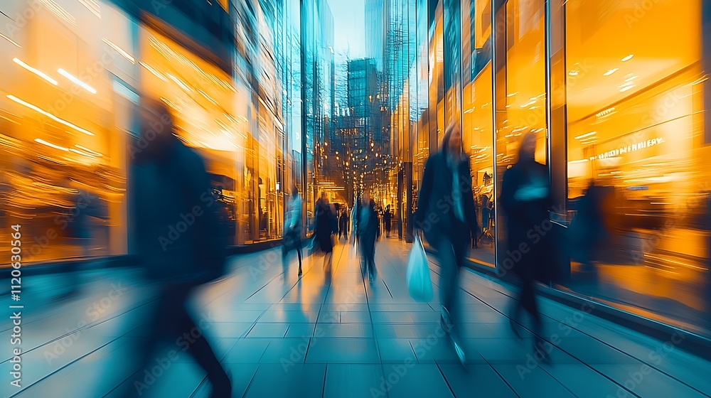 Poster dynamic urban cityscape with blurry motion of pedestrians at nightfall : generative ai