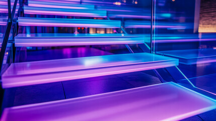 Obraz premium Modern futuristic glass stairs with neon led lights in vibrant purple and blue hues