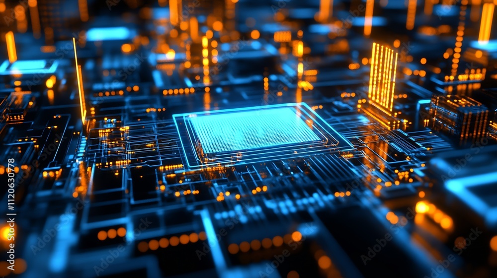 Fototapete advanced technology concept circuit board with glowing blue and orange patterns : generative ai