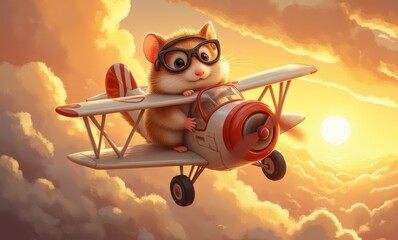 Adorable hamster pilot in retro biplane