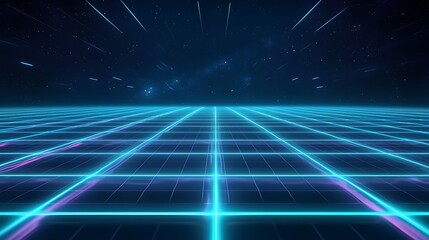 Futuristic digital wave grid with neon blue lines over dark background