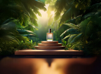 A perfume bottle sits on a wooden display within a lush, tropical paradise. Sunlight streams through the dense palm fronds, creating a serene and exotic atmosphere.