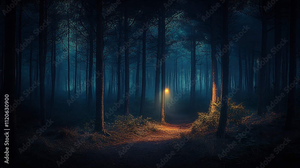 Poster mystical forest trail lit by a single distant lantern : generative ai