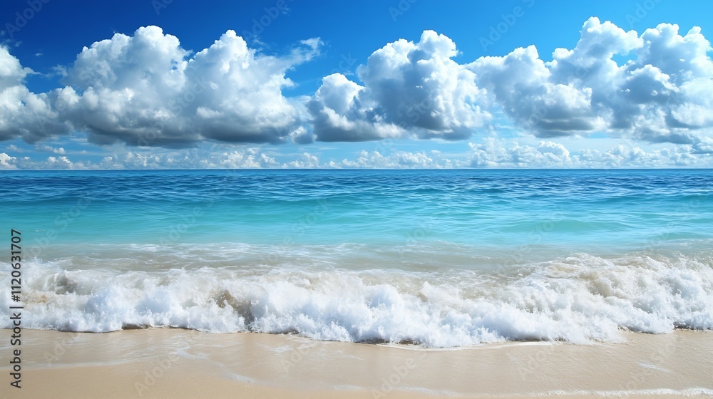 Poster bright summer day with fluffy clouds and gentle ocean waves on sandy beach : generative ai