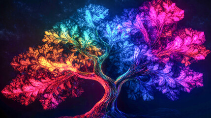 Fototapeta premium Vibrant colorful abstract tree with radiant branch patterns against starry night sky