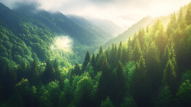 Breathtaking Mountain Forest in Early Morning Light with Lush Greenery : Generative AI