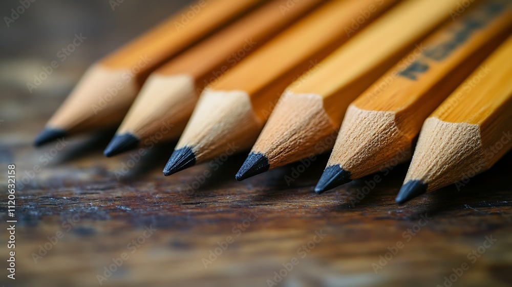 Poster Sharpened Wooden Pencils Arranged in a Row on Rustic Wooden Surface : Generative AI