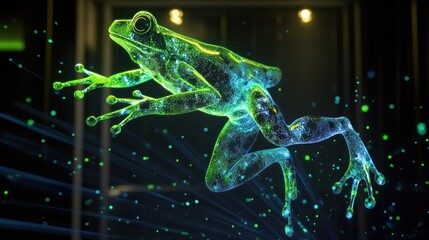 3D holographic frog leaping, neon green glow, black background" 