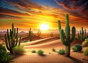 A breathtaking desert sunset casts vibrant hues across the sky, while shadows of cacti and rolling dunes create a captivating tableau in this documentary-style photography.