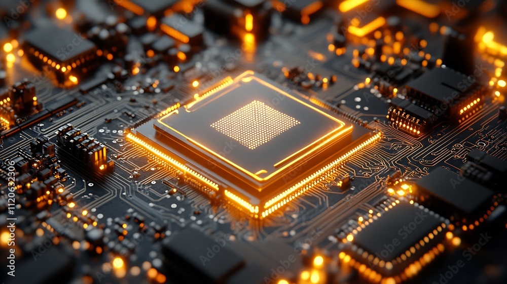 Aufkleber Futuristic Computer Processor on Illuminated Circuit Board in Hightech Digital Design : Generative AI