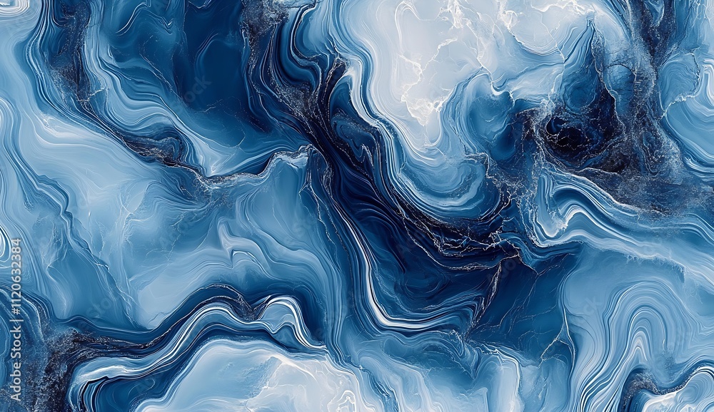 Leinwandbilder Abstract Blue and White Marble Texture with Flowing Fluid Patterns and Artistic Curves : Generative AI