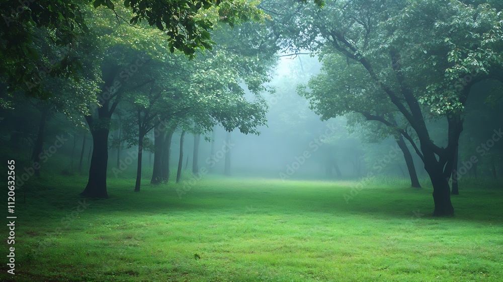 Poster lush green foggy forest invoking tranquility and serenity in nature : generative ai