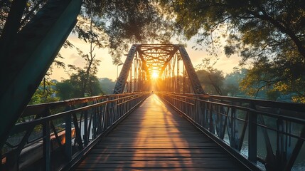 Fototapeta premium Morning Sunlight Streaming Through Trees on a Rustic Metal Bridge : Generative AI