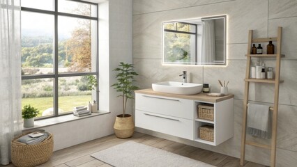 Fototapeta premium Chic Simplicity An airy setting highlights a pristine wallmounted wash basin with integrated storage and a stylish floating . Lightcolored walls amplify the natural light streaming