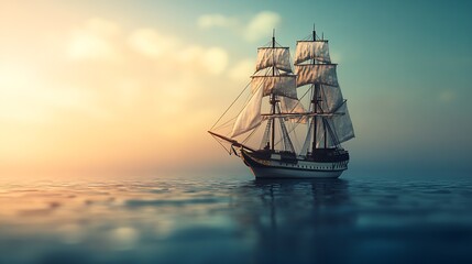 Majestic Sailing Ship at Dawn with Glowing Sunrise on Calm Ocean Waters : Generative AI
