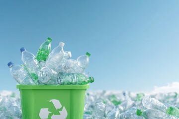 A green recycling bins filled with plastic bottles. Generative AI