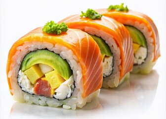 A captivating close-up showcases a sushi roll with salmon, avocado, and tamagoyaki filling, elegantly isolated on a white background, perfect for culinary presentation.