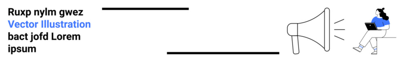 Megaphone emitting sound waves with three text lines. Woman sitting and working on laptop. Ideal for marketing, advertising, announcements, promotion, work from home, remote work, online